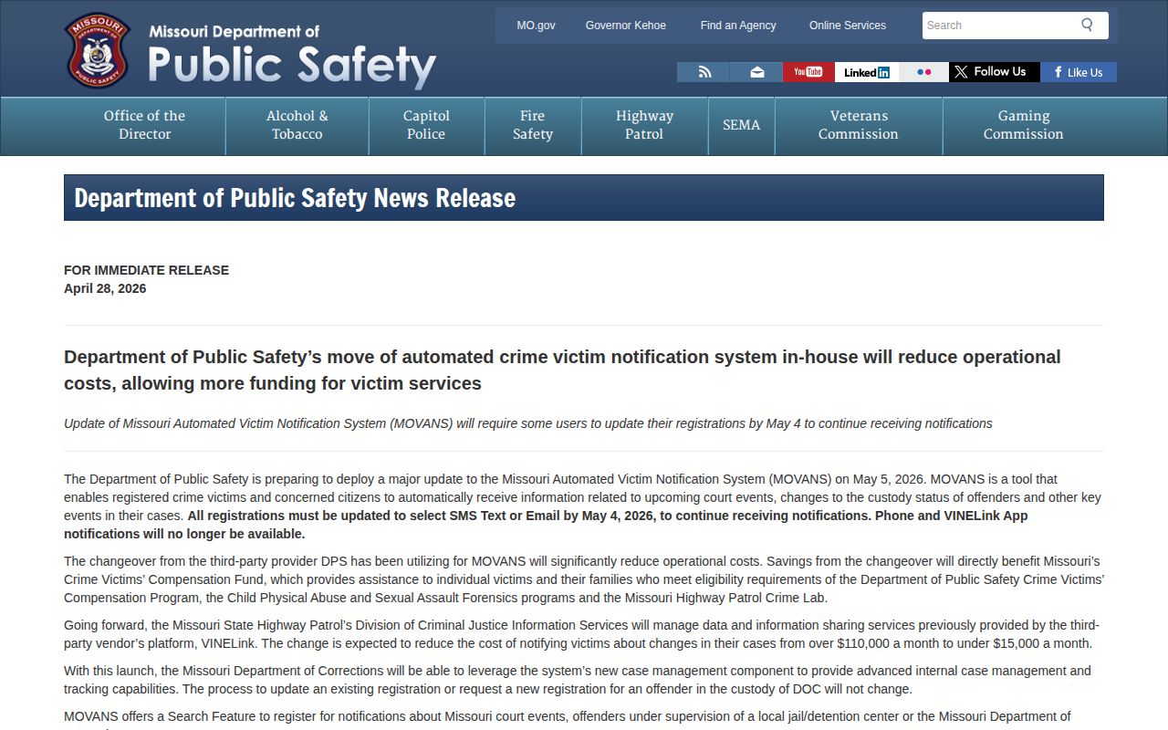 Lafayette County MOVANS May 2026 SMS and email release notification update